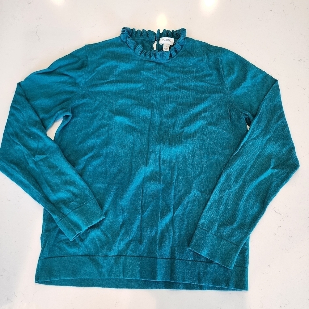 J. Crew 100% Cotton Sweater Teal Ruffle Neck Women's Medium M Keyhole Back EUC
